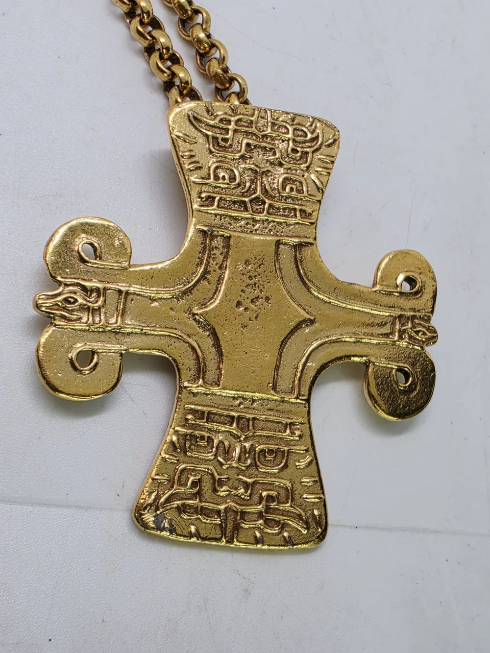 Vintage MMA Peruvian Chavin Cross Pendant Chain Necklace Zoomorphic Gold Tone